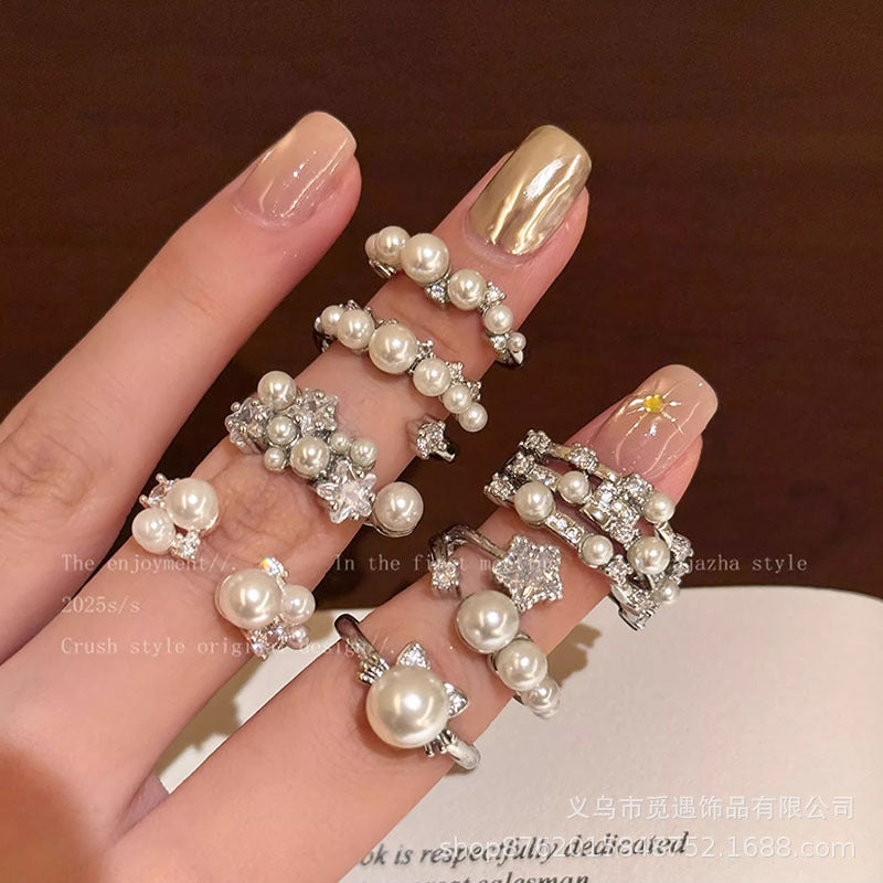French Pearl Open Ring Women's Niche Design Stacked Index Finger Ring Accessible Luxury High-End Elegant Ring Jewelry