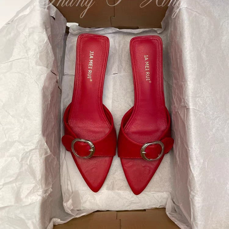 Women Sexy Stiletto Pointed Fish Mouth One-Strap Slides, 2026 Summer Belt Buckle Fashion Outdoor Sandals
