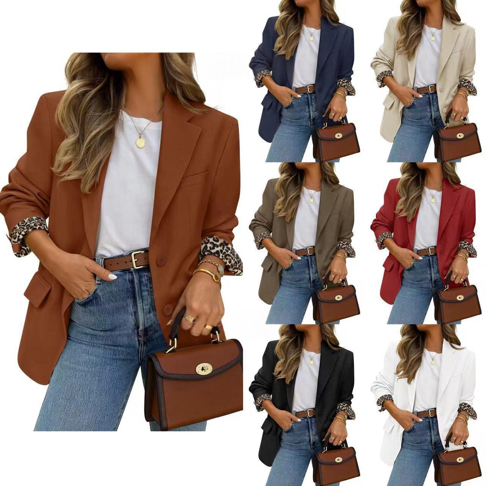 Contrast-color Leopard-print Lapel Casual Blazer