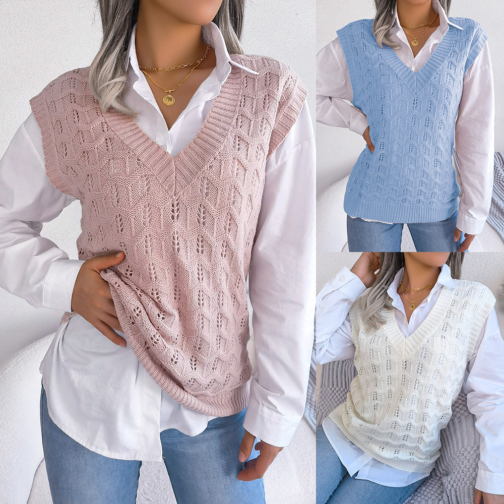 Hollow-out Wave-patterned V-neck Knitted Vest Sweater