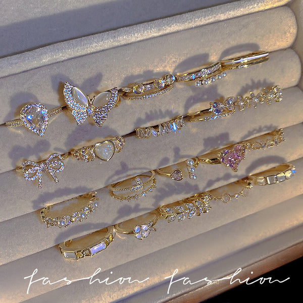 Korean Accessible Luxury High-End Zircon Pearl Ring Women's Retro Niche Design Bow Ring Open Bracelet