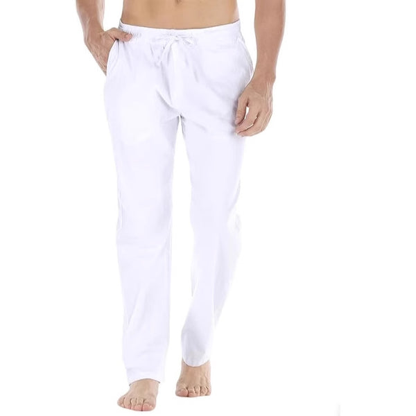 Mens Simple Solid-Color Casual Cotton-Linen Trousers
