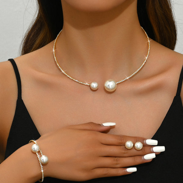 Cross-Border Hot-Selling European And American Fashion Simple Pearl Geometric Choker Elegant Sparkling Rhinestone Necklace Earrings Bracelet Set