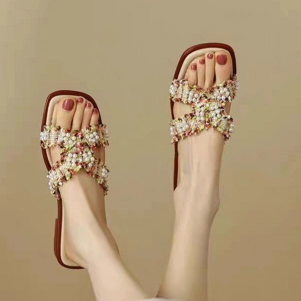 Womens Summer Pearl Vintage Sandals For Outdoor Wear