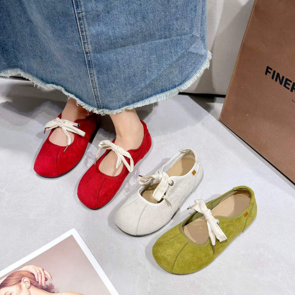 Women Pastoral Cottagecore Linen Fabric Ribbon Tie Ballet Flats, Round Toe Split Seam Soft Breathable Suede Slip On Minimalist Vintage Casual Daily Picnic Denim Skirt Doll