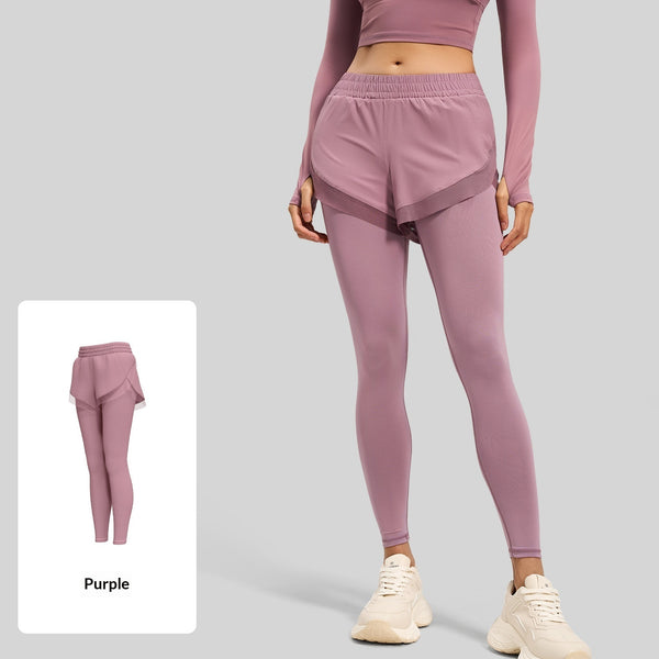 Womens Mock Two-Piece Sports Tight Pockets Yoga Pants