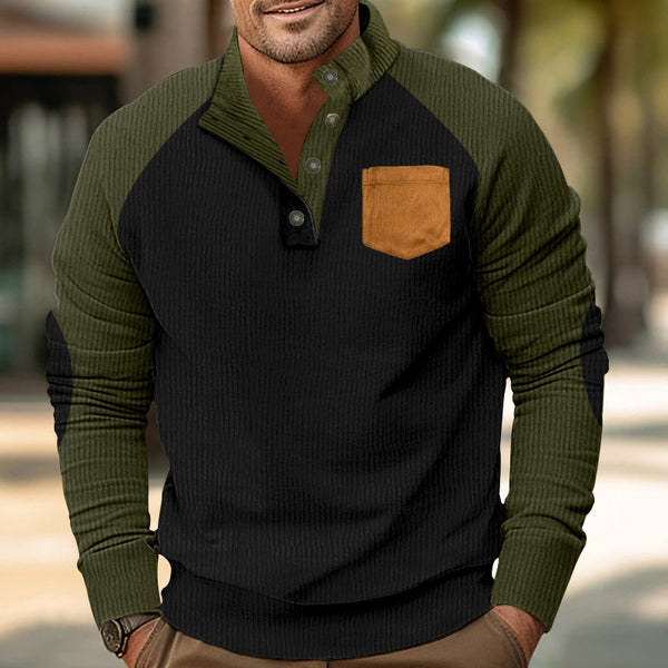 Casual Stand-collar Loose-fit Corduroy Color-block Pullover Hoodie