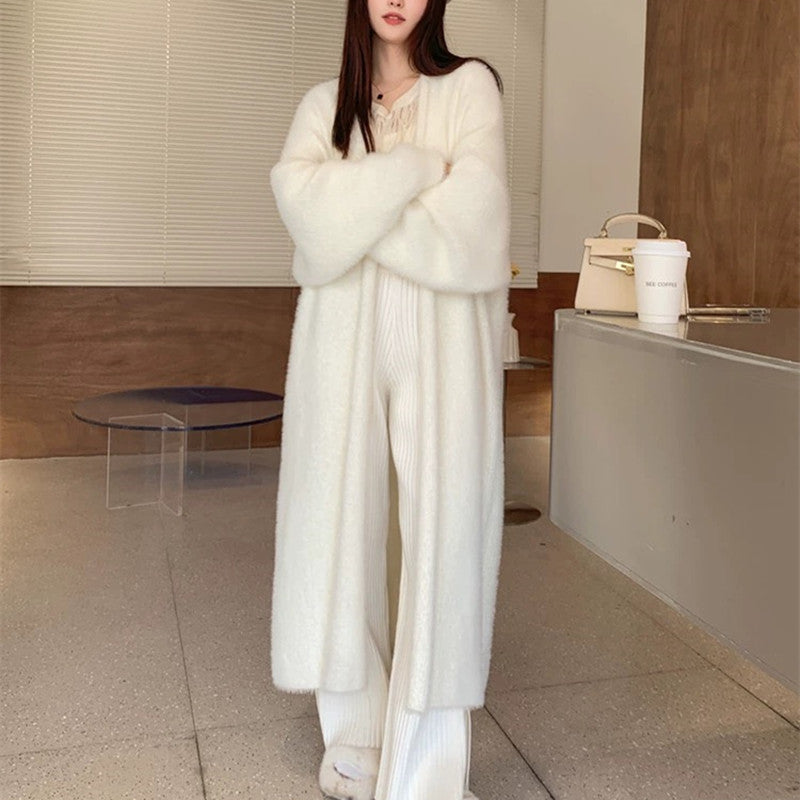 Thickened Mink-faux Fur Over-the-knee Long Knit Cardigan Coat