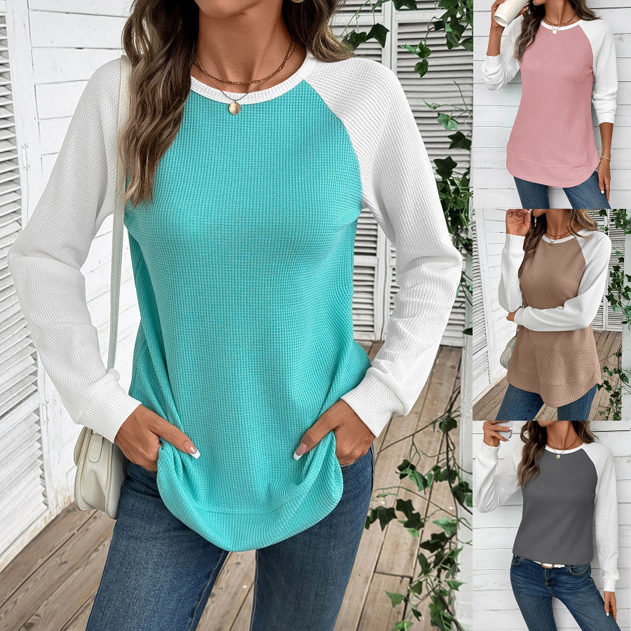 Womens Waffle-Knit Crew-Neck Long-Sleeve T-Shirt Top