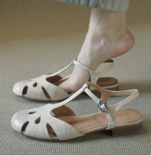 Women Retro T-Strap Cutout Petal Closed Toe Backless Sandals, Flat Roman Beach Sandals For Summer