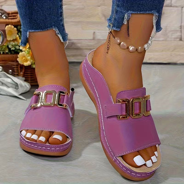 Fashionable And Minimalist Metal-buckle Peep-toe Sandals