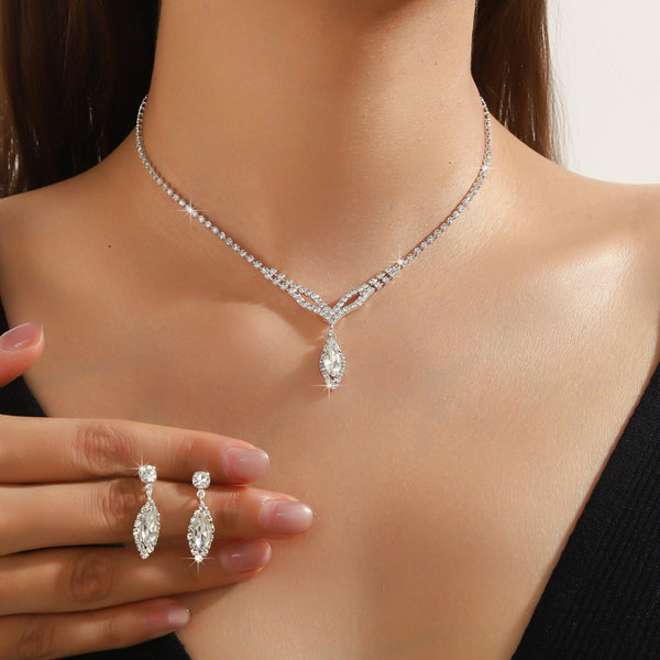 Marquise Cubic Zirconia 2Pcs Jewelry Set, V-Shaped Collarbone Necklace & Drop Earrings, Elegant Bridal Evening Party Formal Accessories For European Spanish Women