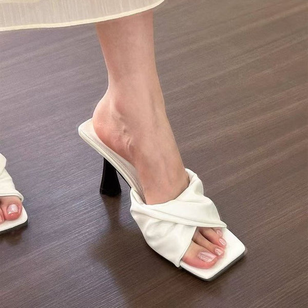 French Elegant One-Strap Slides For Women, Summer Outdoor Square Open Toe Stiletto Heel Ruched Sandals