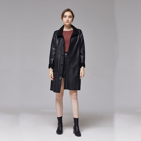 Womens Brown Leather Jacket Mid-length Trench Coat With Fur Trim