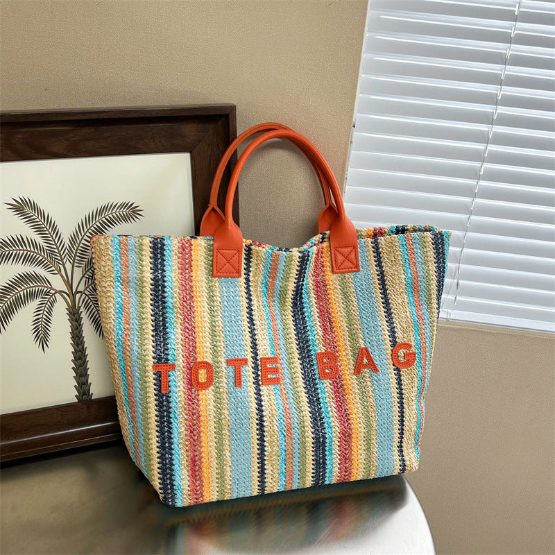 Summer Trendy Rainbow-woven Straw Bag For Women
