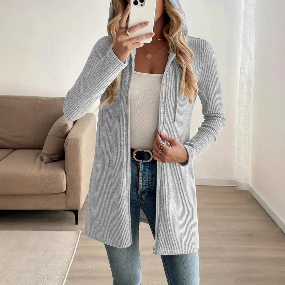 Womens Casual Ribbed Zip-up Long-sleeve Cardigan