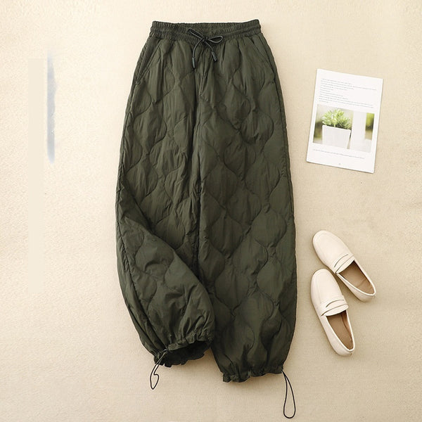 Lace-up Elastic-waist Quilted Cotton Pants For Women