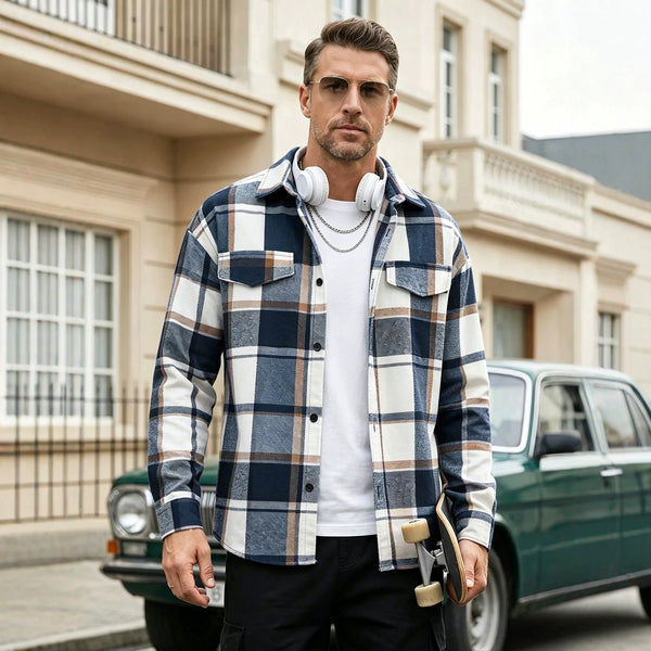 Mens Lapel-collar Plaid Cardigan With Pockets Casual Long-sleeve Shirt
