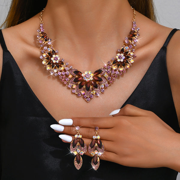 New Foreign Trade Cross-Border Heavy-Duty And High-Quality Bridal Jewelry Set, Sweet And Exaggerated Full Diamond Flower Necklace And Earrings For Women