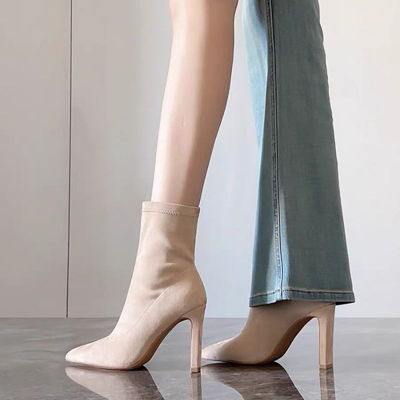 Pointed Toe Flat Heel Apricot Stretch Slim Boots For Women, 2025 New Suede Elegant High Heel Ankle Boots For Autumn & Winter