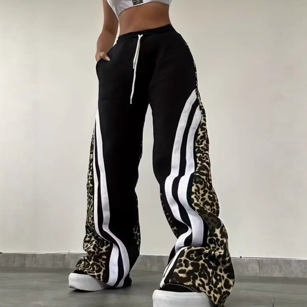 Leopard-Print Colorblock Straight-Leg High-Waist Casual Pants For Women